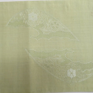 袋帯 洒落袋帯 正絹 紬 薄緑色 黄緑 スワトー刺繍 花鳥文様 お太鼓柄 仕立て上がり 着物帯 長さ444cm