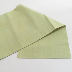 袋帯 洒落袋帯 正絹 紬 薄緑色 黄緑 スワトー刺繍 花鳥文様 お太鼓柄 仕立て上がり 着物帯 長さ444cm