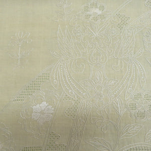 袋帯 洒落袋帯 正絹 紬 薄緑色 黄緑 スワトー刺繍 花鳥文様 お太鼓柄 仕立て上がり 着物帯 長さ444cm