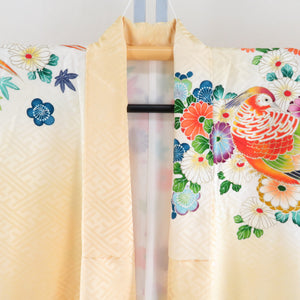 振袖 黄色ｘ多色 カラフル キジ文様 刺繍入り 正絹 袷 広衿 成人式 仕立て上がり 身丈160cm 中古