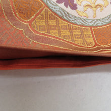 画像をギャラリービューアに読み込む, 袋帯 正絹 金糸 絵皿文様 茶オレンジ色ｘ緑色ｘ紫色 お太鼓柄 仕立て上がり 着物帯 長さ448cm