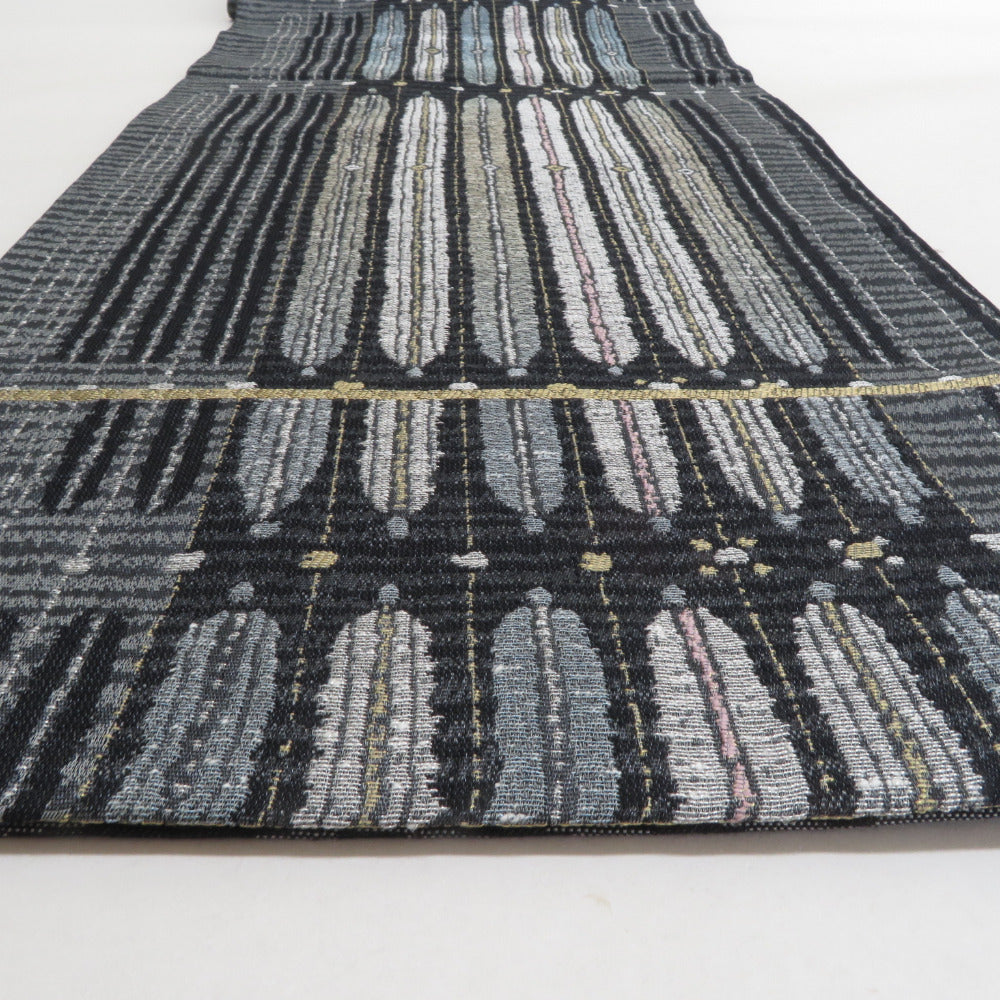 袋帯 洒落袋帯 黒色x灰色 幾何学模様 六通柄 正絹 仕立て上がり 着物