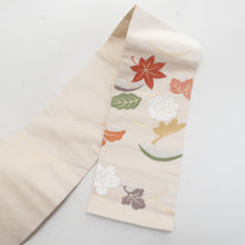Load image into Gallery viewer, 名古屋帯 正絹 刺繍入り ベージュ色ｘ緑色ｘ多色 金糸 梅に紅葉模様 六通柄 カジュアル 仕立て上がり 着物帯 長さ353cm