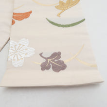 Load image into Gallery viewer, 名古屋帯 正絹 刺繍入り ベージュ色ｘ緑色ｘ多色 金糸 梅に紅葉模様 六通柄 カジュアル 仕立て上がり 着物帯 長さ353cm