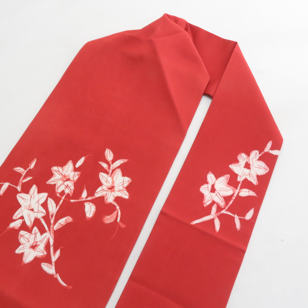 名古屋帯 正絹 塩瀬 朱色x白色 ろうけつ染め 花文様 お太鼓柄