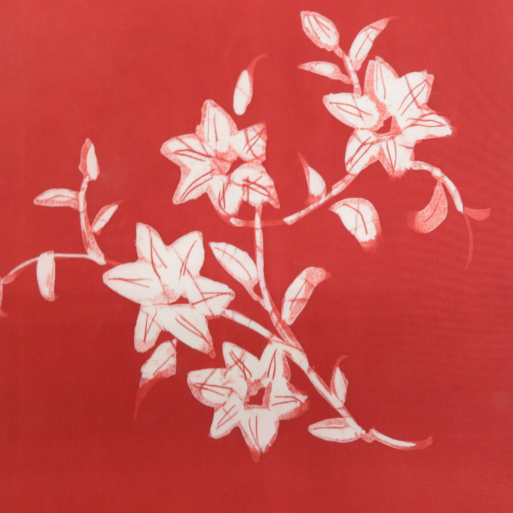 名古屋帯 正絹 塩瀬 朱色x白色 ろうけつ染め 花文様 お太鼓柄