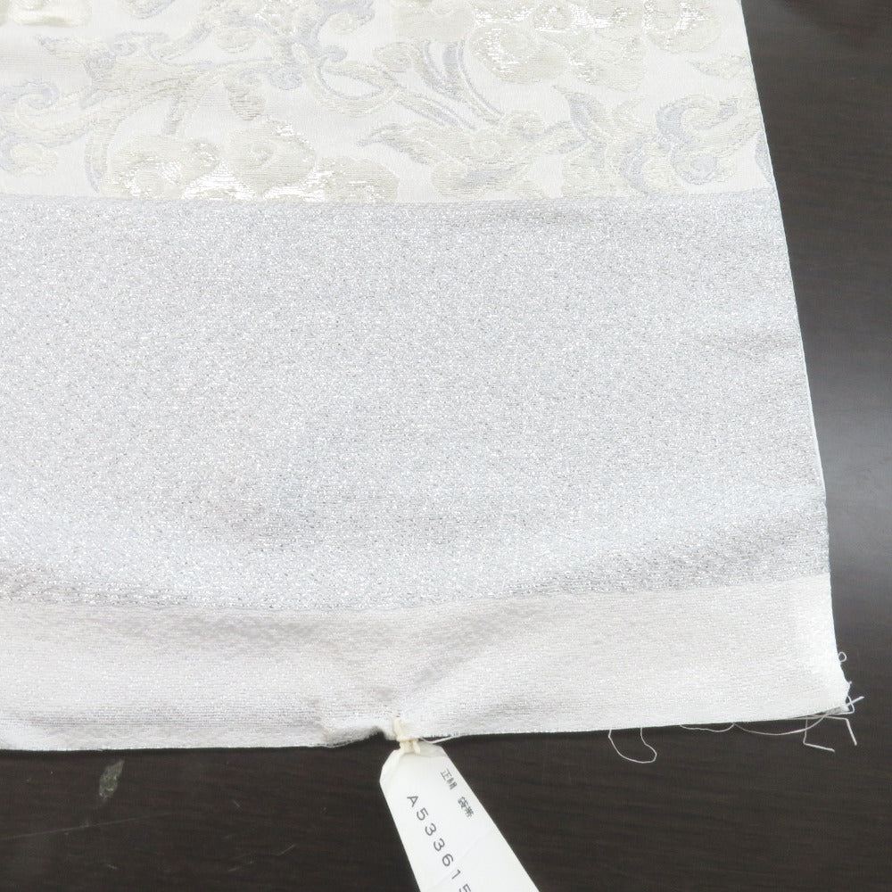 袋帯 振袖用 白×銀×ブルー系 唐花柄 六通柄 未仕立て 着物帯