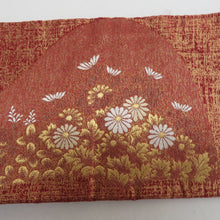 Load image into Gallery viewer, 名古屋帯 正絹 朱色ｘ金色 金糸 お太鼓柄 菊文様 カジュアル 仕立て上がり 着物帯 長さ352cm