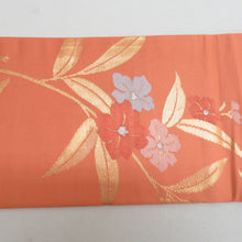 Load image into Gallery viewer, 名古屋帯 正絹 金糸 オレンジ色ｘ金色 六通柄 花々文様 仕立て上がり 着物帯 長さ352cm