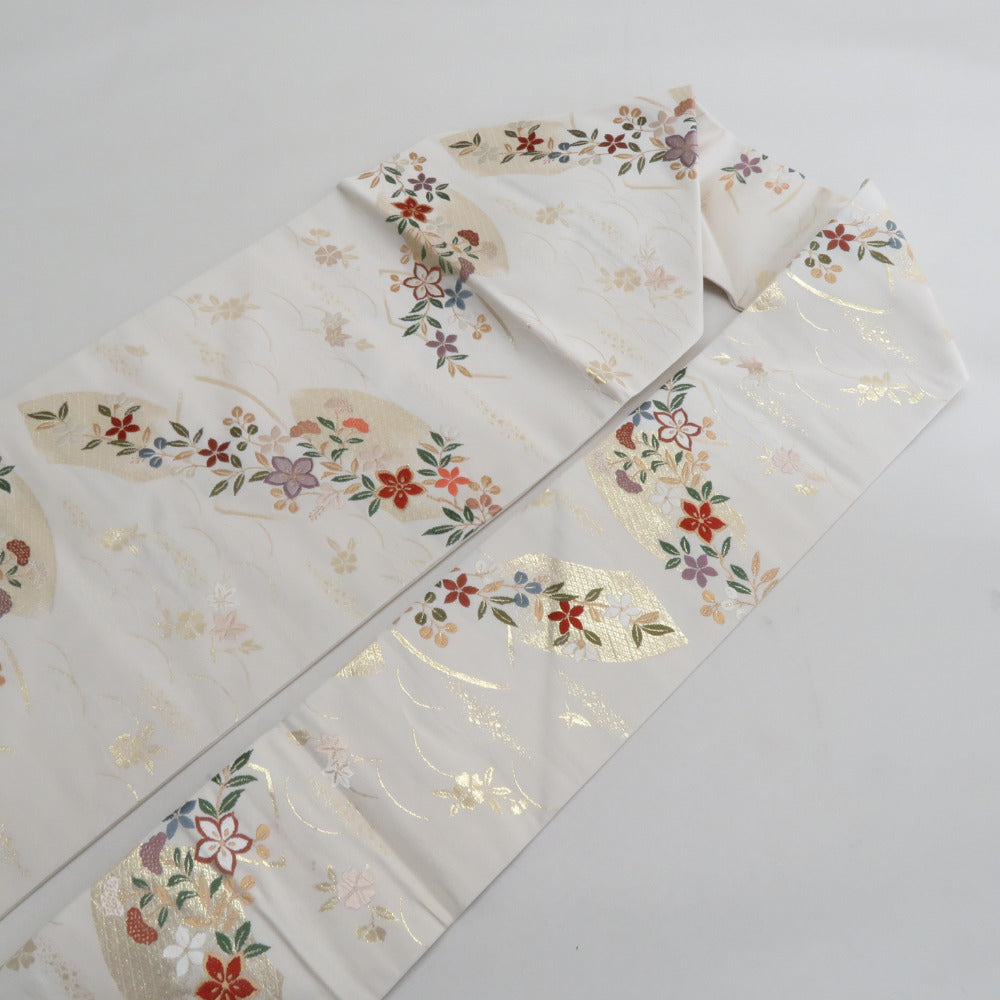 名古屋帯 正絹 白色x金色 金糸 地紙文に小花文様 六通柄 仕立て上がり