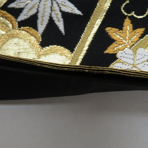 袋帯 振袖用 黒色ｘ金色ｘ多色 吉祥文様 全通柄 正絹 仕立て上がり 着物帯 長さ432cm