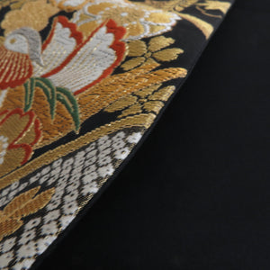 袋帯 振袖用 黒色ｘ金色ｘ多色 吉祥文様 全通柄 正絹 仕立て上がり 着物帯 長さ432cm