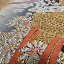 Load image into Gallery viewer, 袋帯 振袖用 金色ｘ灰色 御所車に小桜文様 六通柄 正絹 仕立て上がり 着物帯 長さ424cm