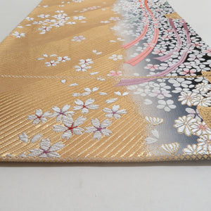 袋帯 振袖用 金色ｘ灰色 御所車に小桜文様 六通柄 正絹 仕立て上がり 着物帯 長さ424cm