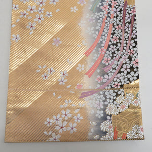 袋帯 振袖用 金色ｘ灰色 御所車に小桜文様 六通柄 正絹 仕立て上がり 着物帯 長さ424cm