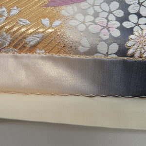 袋帯 振袖用 金色ｘ灰色 御所車に小桜文様 六通柄 正絹 仕立て上がり 着物帯 長さ424cm