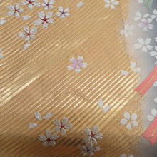 Load image into Gallery viewer, 袋帯 振袖用 金色ｘ灰色 御所車に小桜文様 六通柄 正絹 仕立て上がり 着物帯 長さ424cm