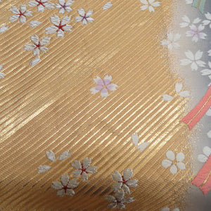 袋帯 振袖用 金色ｘ灰色 御所車に小桜文様 六通柄 正絹 仕立て上がり 着物帯 長さ424cm