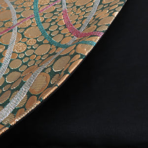 袋帯 西陣織 証紙付き 振袖用 金色ｘ緑色 金糸銀糸 水玉文様 六通柄 正絹 未仕立て 着物帯 長さ464cm