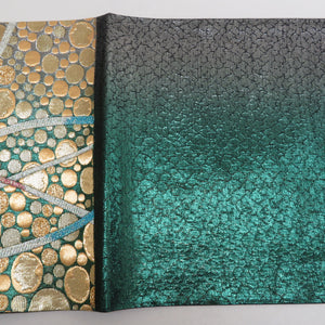 袋帯 西陣織 証紙付き 振袖用 金色ｘ緑色 金糸銀糸 水玉文様 六通柄 正絹 未仕立て 着物帯 長さ464cm