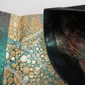 袋帯 西陣織 証紙付き 振袖用 金色ｘ緑色 金糸銀糸 水玉文様 六通柄 正絹 未仕立て 着物帯 長さ464cm