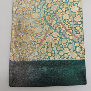 袋帯 西陣織 証紙付き 振袖用 金色ｘ緑色 金糸銀糸 水玉文様 六通柄 正絹 未仕立て 着物帯 長さ464cm