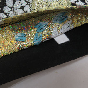 袋帯 振袖用 金色ｘ黒色ｘ多色 ゴールド系 市松に桜文様 六通柄 正絹 仕立て上がり 着物帯 長さ440cm