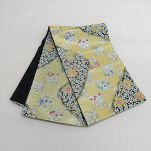 袋帯 振袖用 金色ｘ黒色ｘ多色 ゴールド系 市松に桜文様 六通柄 正絹 仕立て上がり 着物帯 長さ440cm