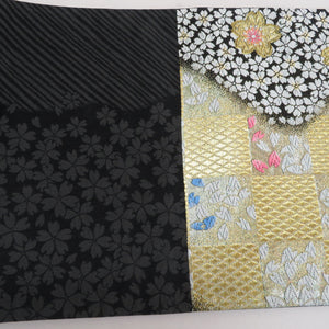 袋帯 振袖用 金色ｘ黒色ｘ多色 ゴールド系 市松に桜文様 六通柄 正絹 仕立て上がり 着物帯 長さ440cm