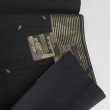 Load image into Gallery viewer, 袋帯 洒落袋帯 ブラウン系 墨黒色ｘ金色 源氏香に竹と桜の花びら文様 六通柄 正絹 仕立て上がり 着物帯 長さ444cm