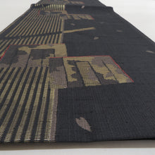 Load image into Gallery viewer, 袋帯 洒落袋帯 ブラウン系 墨黒色ｘ金色 源氏香に竹と桜の花びら文様 六通柄 正絹 仕立て上がり 着物帯 長さ444cm