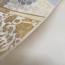 Load image into Gallery viewer, 袋帯 白地 金糸 花車文様 金色ｘピンク色ｘ多色 六通柄 正絹 仕立て上がり 着物帯 長さ440cm
