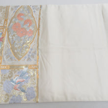 Load image into Gallery viewer, 袋帯 白地 金糸 花車文様 金色ｘピンク色ｘ多色 六通柄 正絹 仕立て上がり 着物帯 長さ440cm