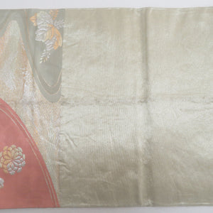 袋帯 パステル系 ゴールド系 金糸銀糸 流水に菊と桐文様 薄緑色ｘ薄赤色 六通柄 正絹 仕立て上がり 着物帯 長さ408cm