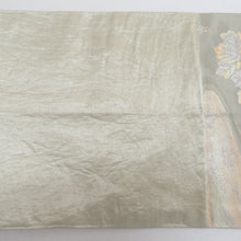 Load image into Gallery viewer, 袋帯 パステル系 ゴールド系 金糸銀糸 流水に菊と桐文様 薄緑色ｘ薄赤色 六通柄 正絹 仕立て上がり 着物帯 長さ408cm