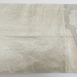 袋帯 パステル系 ゴールド系 金糸銀糸 流水に菊と桐文様 薄緑色ｘ薄赤色 六通柄 正絹 仕立て上がり 着物帯 長さ408cm