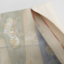 Load image into Gallery viewer, 袋帯 パステル系 ゴールド系 金糸銀糸 流水に菊と桐文様 薄緑色ｘ薄赤色 六通柄 正絹 仕立て上がり 着物帯 長さ408cm