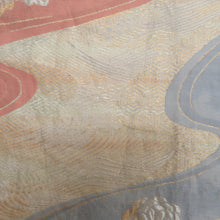 Load image into Gallery viewer, 袋帯 パステル系 ゴールド系 金糸銀糸 流水に菊と桐文様 薄緑色ｘ薄赤色 六通柄 正絹 仕立て上がり 着物帯 長さ408cm