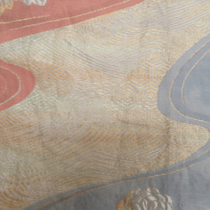 袋帯 パステル系 ゴールド系 金糸銀糸 流水に菊と桐文様 薄緑色ｘ薄赤色 六通柄 正絹 仕立て上がり 着物帯 長さ408cm