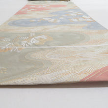 Load image into Gallery viewer, 袋帯 パステル系 ゴールド系 金糸銀糸 流水に菊と桐文様 薄緑色ｘ薄赤色 六通柄 正絹 仕立て上がり 着物帯 長さ408cm