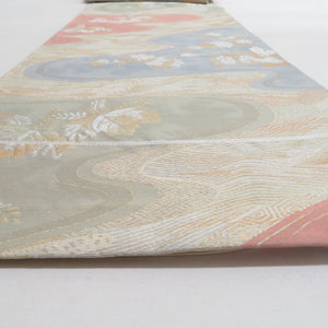 袋帯 パステル系 ゴールド系 金糸銀糸 流水に菊と桐文様 薄緑色ｘ薄赤色 六通柄 正絹 仕立て上がり 着物帯 長さ408cm