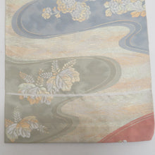 Load image into Gallery viewer, 袋帯 パステル系 ゴールド系 金糸銀糸 流水に菊と桐文様 薄緑色ｘ薄赤色 六通柄 正絹 仕立て上がり 着物帯 長さ408cm