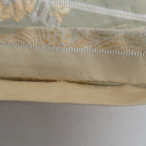 袋帯 パステル系 ゴールド系 金糸銀糸 流水に菊と桐文様 薄緑色ｘ薄赤色 六通柄 正絹 仕立て上がり 着物帯 長さ408cm