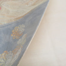 Load image into Gallery viewer, 袋帯 パステル系 ゴールド系 金糸銀糸 流水に菊と桐文様 薄緑色ｘ薄赤色 六通柄 正絹 仕立て上がり 着物帯 長さ408cm