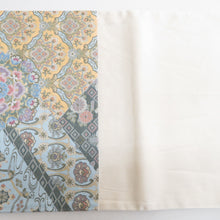 Load image into Gallery viewer, 袋帯 西陣織 ながしま帯 証紙付き パステル系 ゴールド系 薄緑色ｘ金色ｘ多色 華文に切嵌文様 六通柄 正絹 仕立て上がり 着物帯 長さ448cm