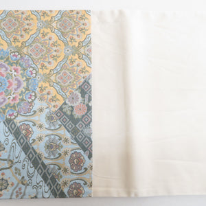 袋帯 西陣織 ながしま帯 証紙付き パステル系 ゴールド系 薄緑色ｘ金色ｘ多色 華文に切嵌文様 六通柄 正絹 仕立て上がり 着物帯 長さ448cm