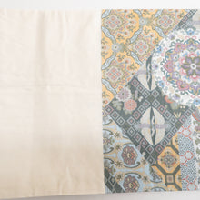 Load image into Gallery viewer, 袋帯 西陣織 ながしま帯 証紙付き パステル系 ゴールド系 薄緑色ｘ金色ｘ多色 華文に切嵌文様 六通柄 正絹 仕立て上がり 着物帯 長さ448cm