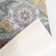 Load image into Gallery viewer, 袋帯 西陣織 ながしま帯 証紙付き パステル系 ゴールド系 薄緑色ｘ金色ｘ多色 華文に切嵌文様 六通柄 正絹 仕立て上がり 着物帯 長さ448cm