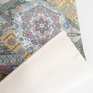 袋帯 西陣織 ながしま帯 証紙付き パステル系 ゴールド系 薄緑色ｘ金色ｘ多色 華文に切嵌文様 六通柄 正絹 仕立て上がり 着物帯 長さ448cm