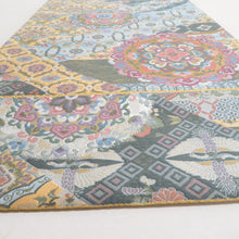 Load image into Gallery viewer, 袋帯 西陣織 ながしま帯 証紙付き パステル系 ゴールド系 薄緑色ｘ金色ｘ多色 華文に切嵌文様 六通柄 正絹 仕立て上がり 着物帯 長さ448cm